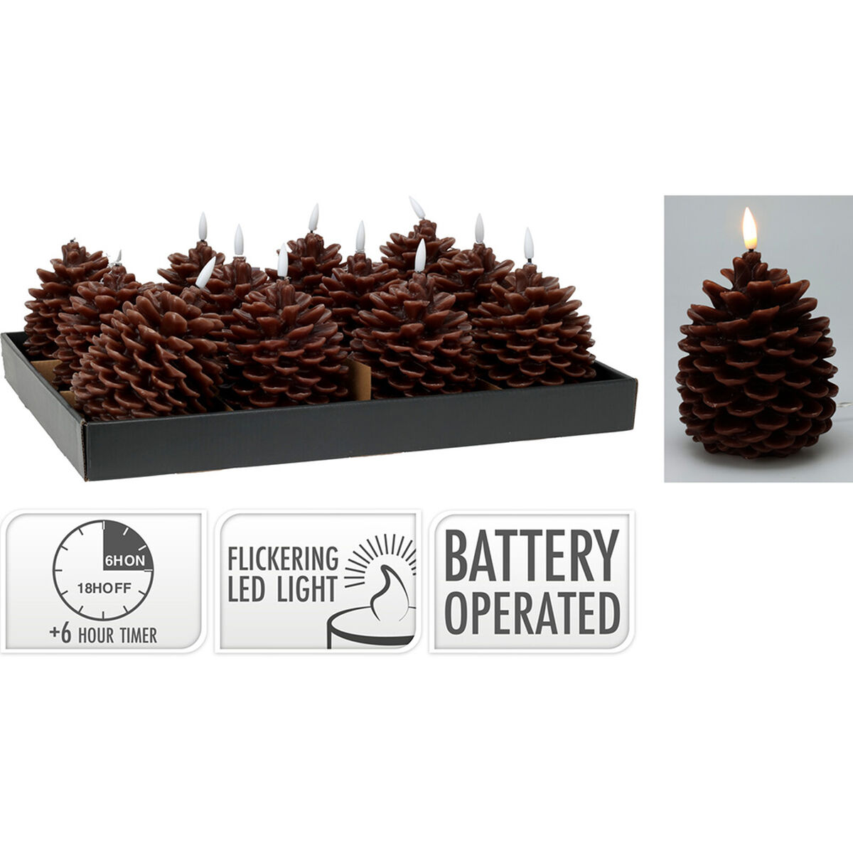 Vela LED Lifetime Castanho Pinha 13 cm Efeito Chama